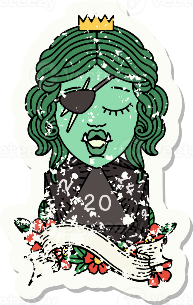 grunge sticker of a orc rogue character with natural twenty dice roll drawing png