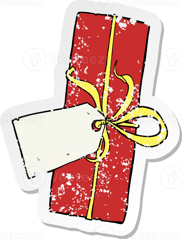 retro distressed sticker of a cartoon christmas present drawing png