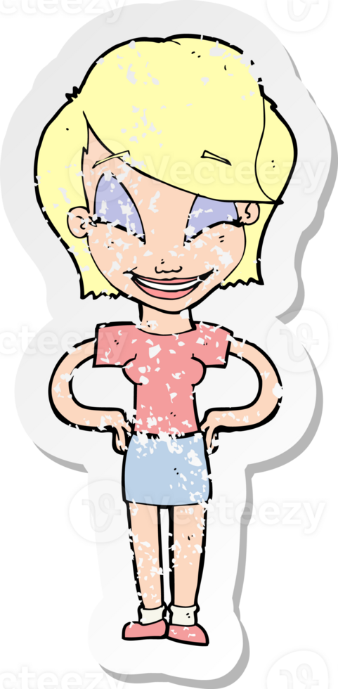 retro distressed sticker of a cartoon woman with hands on hips drawing png