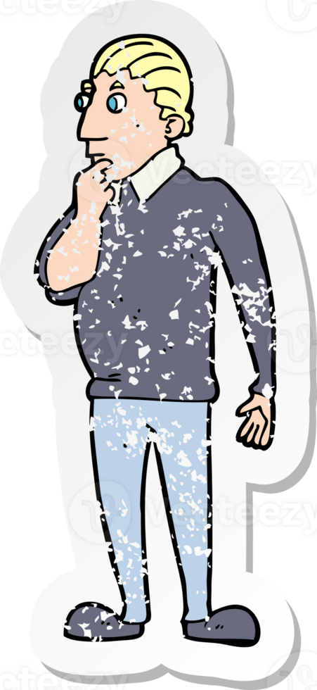 retro distressed sticker of a catoon curious man drawing png