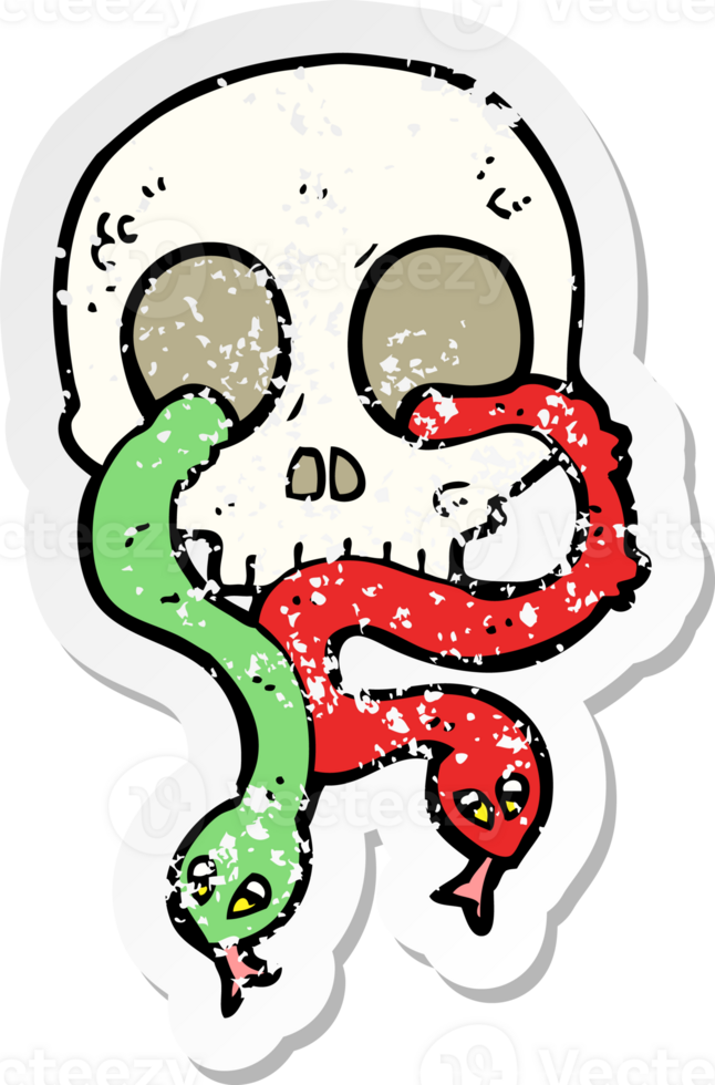 retro distressed sticker of a cartoon skull with snakes drawing png