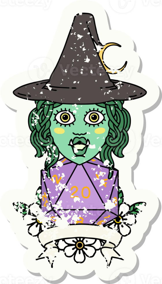grunge sticker of a half orc witch character with natural 20 dice roll drawing png