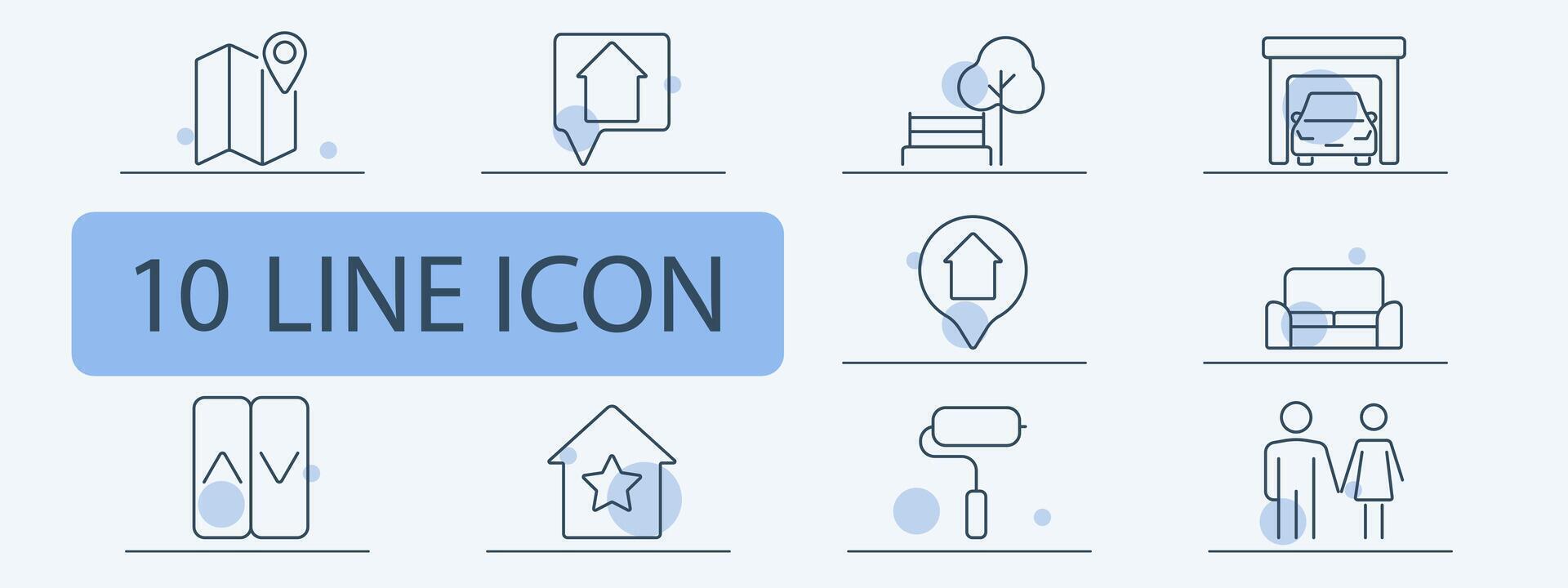 Home and real estate line icons set. Map with pin, house location, bench with tree, garage, sofa, elevator, star house, paint roller, couple. Property, housing, lifestyle concept vector