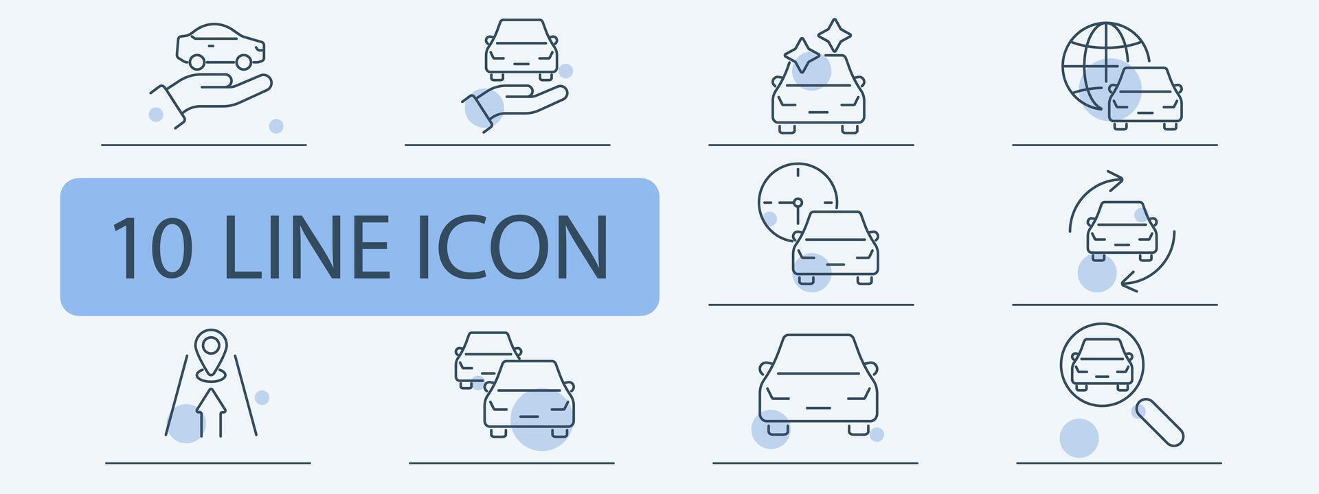 Automobile line icons set. Car in hand, shining car, globe, clock, recycle, location, cars, front view, search. Car service, dealership, maintenance, rental concept vector