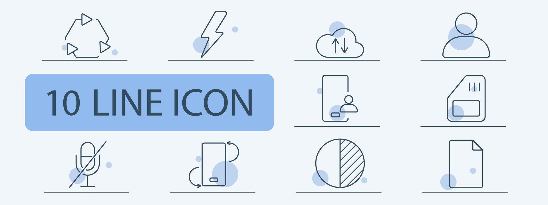 Technology and communication line icons set. Recycling, lightning bolt, cloud storage, user profile, microphone, document, interface, data transfer. Digital, tech services, connectivity concept vector