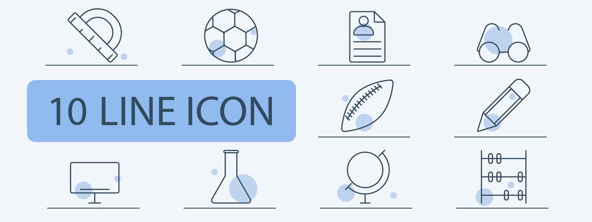 Sports and education line icons set. Protractor, soccer ball, resume, football, binoculars, pencil, computer monitor, flask, globe, abacus. School, learning, physical activity concept vector