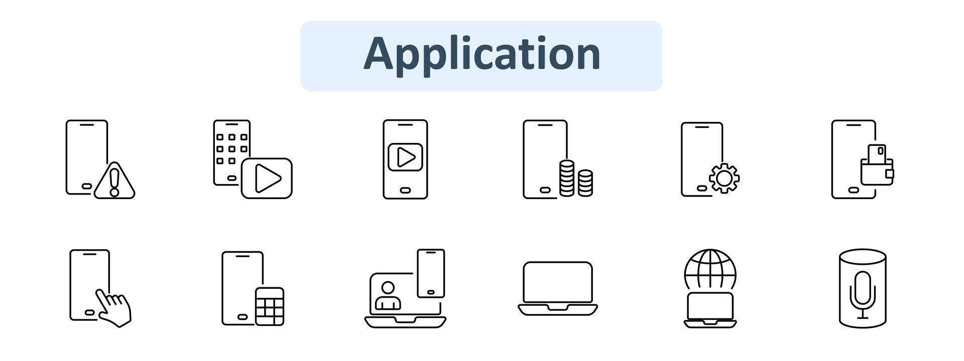Application set icon. Mobile warning, keypad, play button, coins, settings, wallet, touch, calculator, call, laptop, globe, microphone. Digital interface and utility concept. vector