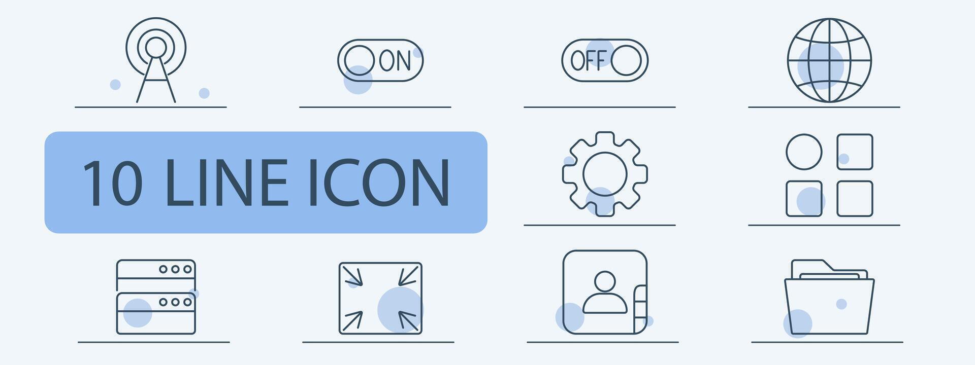 Network and technology line icons set. Antenna, on switch, off switch, globe, gear, interface, server, fullscreen, user, folder. Communication, IT, system concept vector