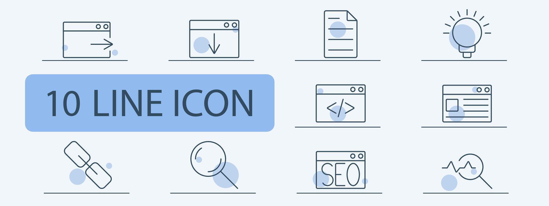 Web and digital marketing line icons set. Browser with arrow, browser download, document, coding, web page, link, magnifying glass, SEO, analytics. Online, internet, technology concept. vector