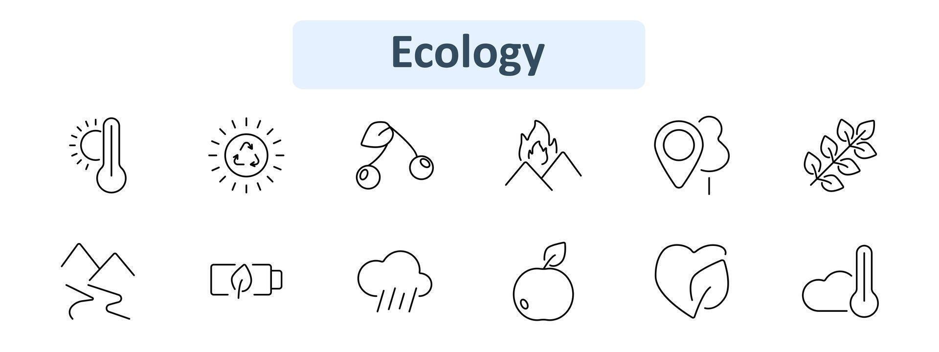 Ecology set icon. Temperature, sun, cherry, mountains, tree, leaf branch, river, battery, rain, fruit, heart leaf, cloud. Nature and environmental concept. vector