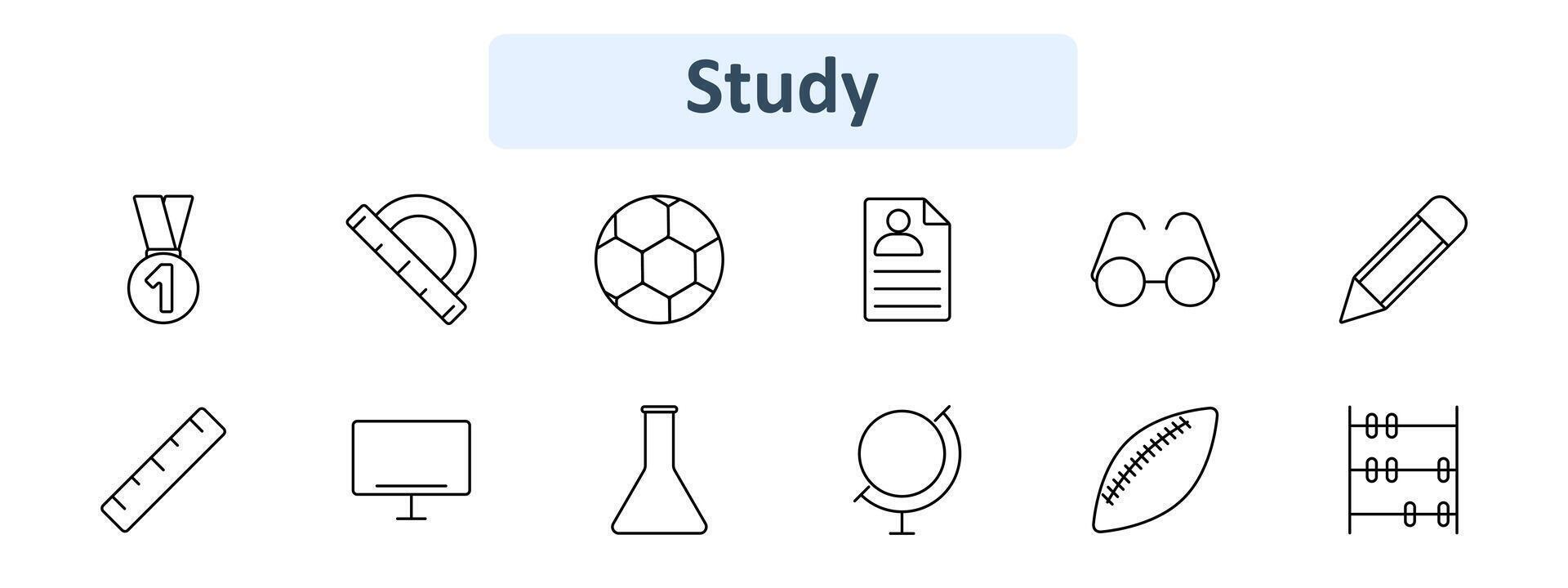 Study icon set. Medal, protractor, soccer ball, resume, glasses, pencil, ruler, computer, beaker, globe, football, abacus. Education, learning, academic concept. vector