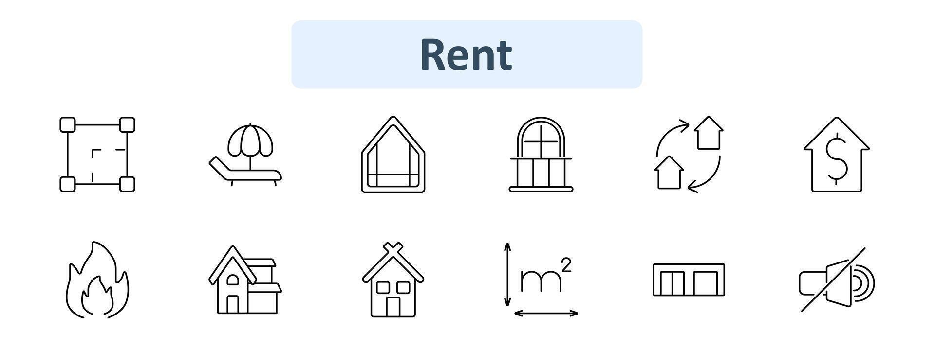 Rent icon set. Dimension, lounge chair, house, window, exchange, cost, fire, building, square meter, container, sound off. Real estate, leasing, housing concept. vector