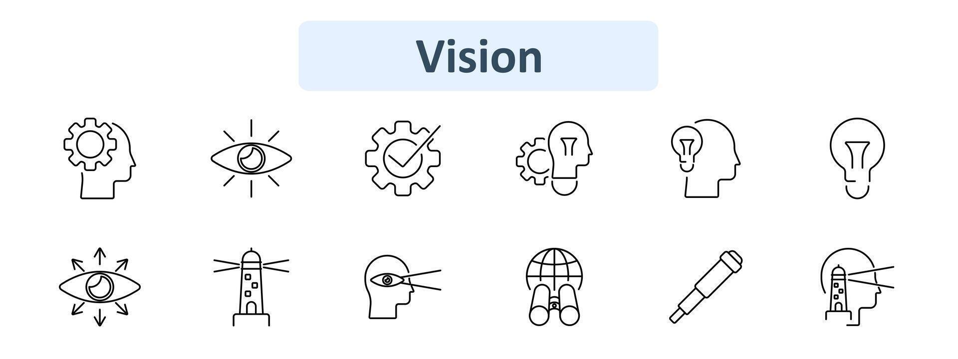 Vision icon set. Gear and head, eye, checkmark, lightbulb, lighthouse, binoculars, telescope, insight. Strategy, innovation, foresight concept. vector