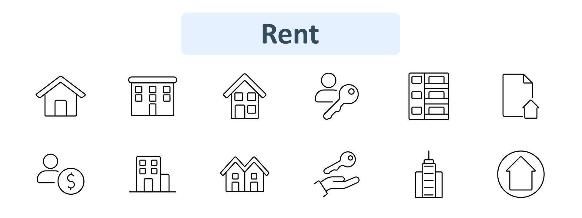 Rent set icon. House, apartment, house with key, document, person with money, high rise building, keys, hand holding keys, skyscraper. Real estate, property rental, leasing, housing market, ownership vector