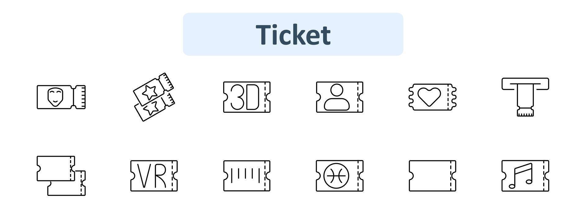 Ticket set icon. Theater, star, 3D, person, heart, turnstile, VR, barcode, basketball, music note. Admission, entertainment, event, entry concept vector