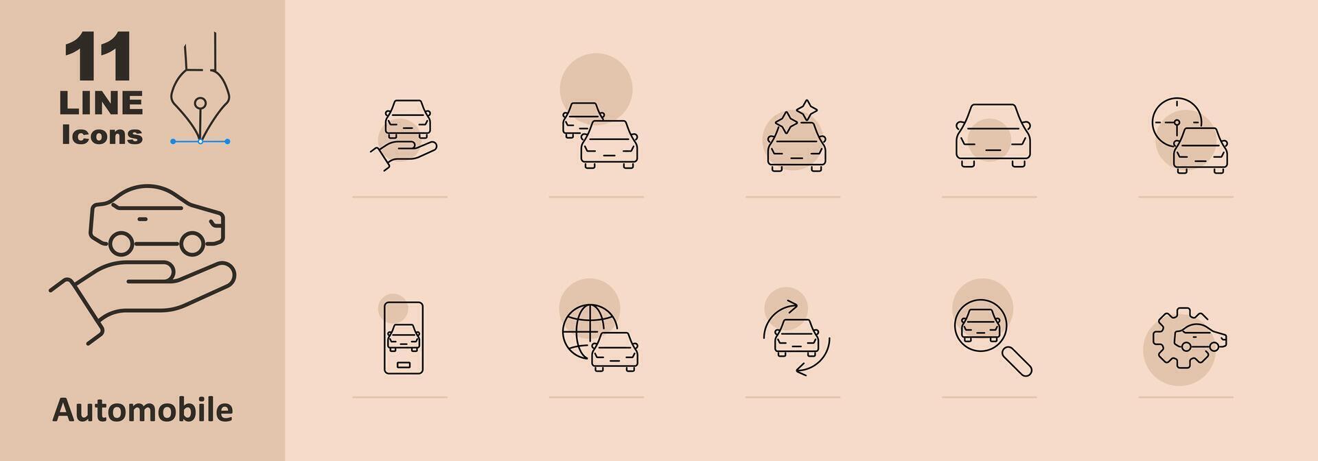 Automobile set icon. Hand holding car, front view, sparkles, clock, globe, mobile phone with car, location pin, magnifying glass, gear. Vehicle services vector