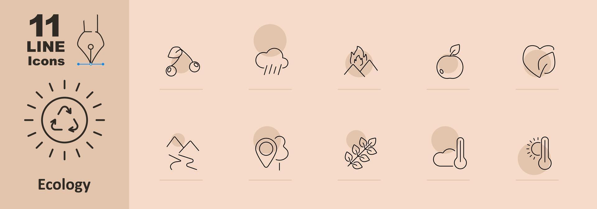 Ecology set icon. Cherry, rain cloud, mountain with flame, apple, leaf, mountain, location pin, branch, sun, temperature. Environmental conservation and nature concept vector