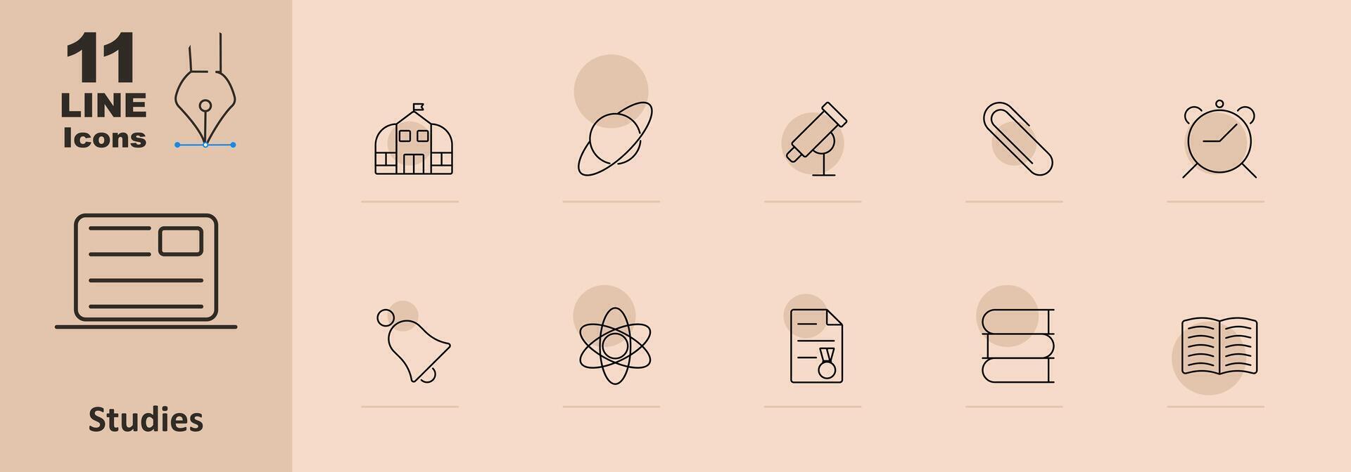 Studies set icon. School building, atom, microscope, alarm clock, bell, planet, document, books, open book, paperclip. Education and academic concept vector