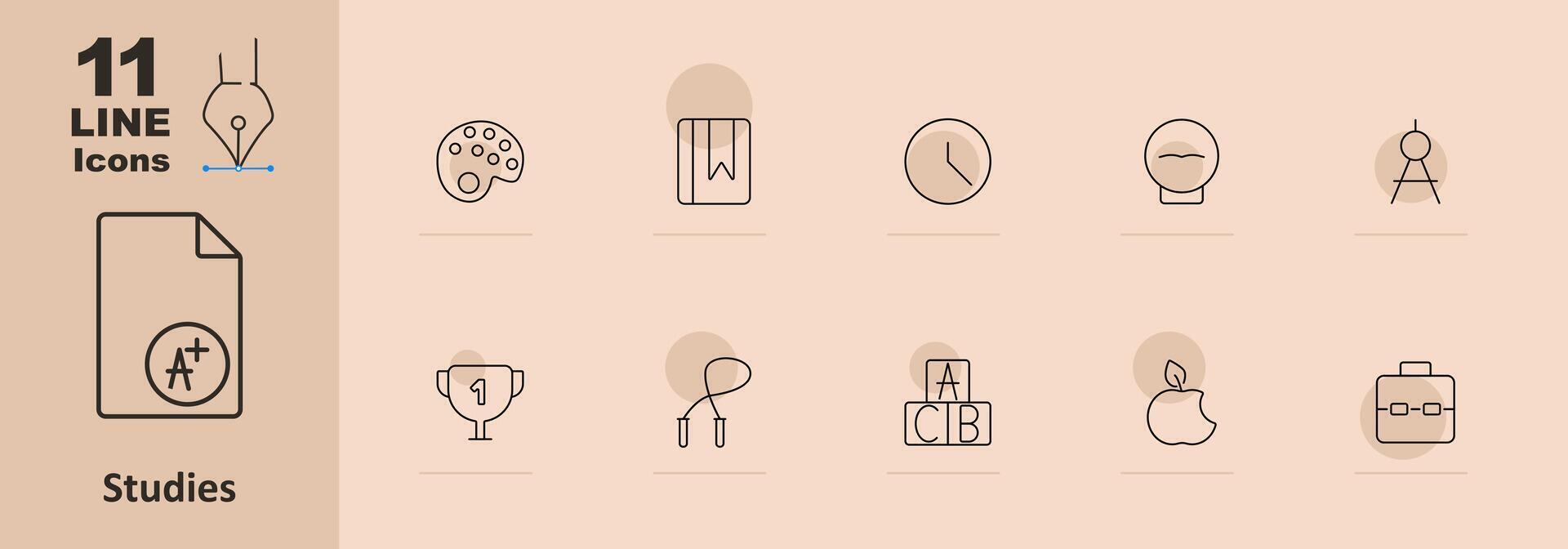 Studies set icon. Paint palette, bookmark, clock, globe, compass, trophy, jump rope, alphabet blocks, apple, briefcase. School and education concept vector