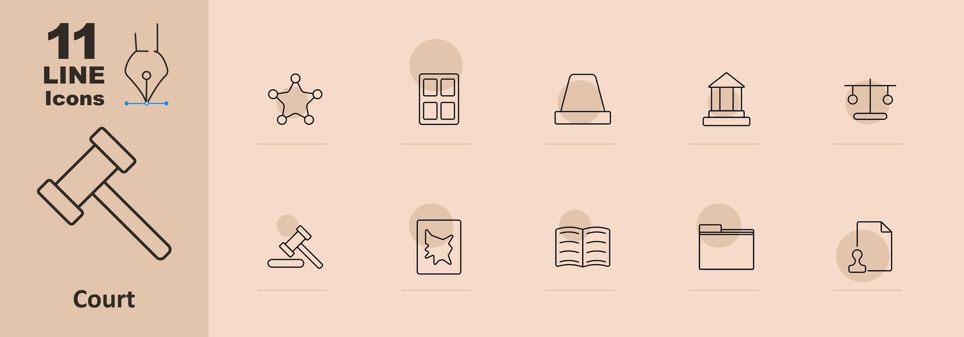 Court set icon. Gavel, sheriff badge, courthouse, balance scales, law book, document, witness stand, folder, file, siren. Legal and justice concept. vector