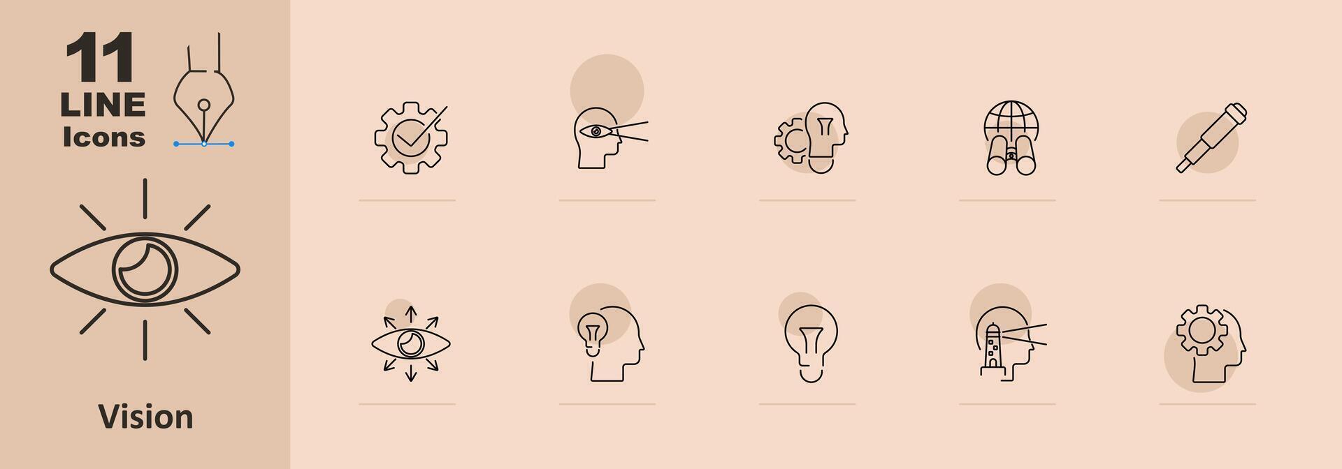Vision set icon. Eye, gear with check mark, head with eye, brain with gear, telescope, lighthouse, light bulb, insight, innovation, foresight. Vision and strategy concept vector