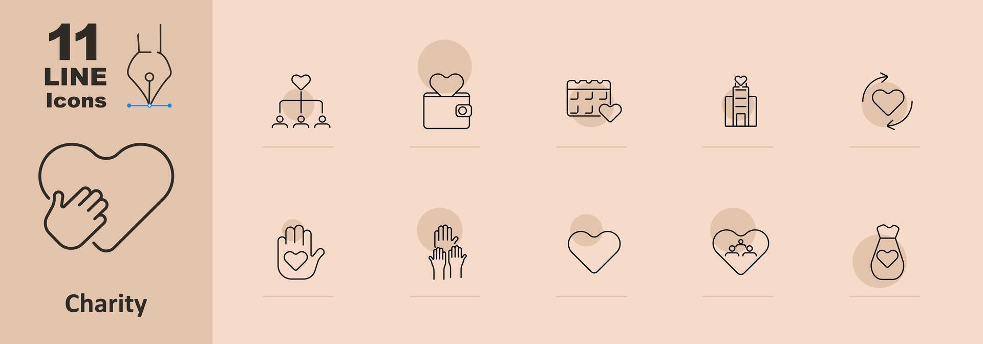 Charity set icon. Heart, hands holding heart, gift, balloon, envelope with heart, group, house, hands exchanging, clipboard. Non-profit and donation concept vector