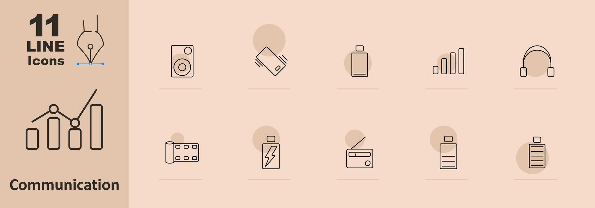 Communication set icon. Speaker, phone, battery, signal, radio, graph, headset, camera, film, charger, interface, media, technology, connection, device, audio, , communication vector