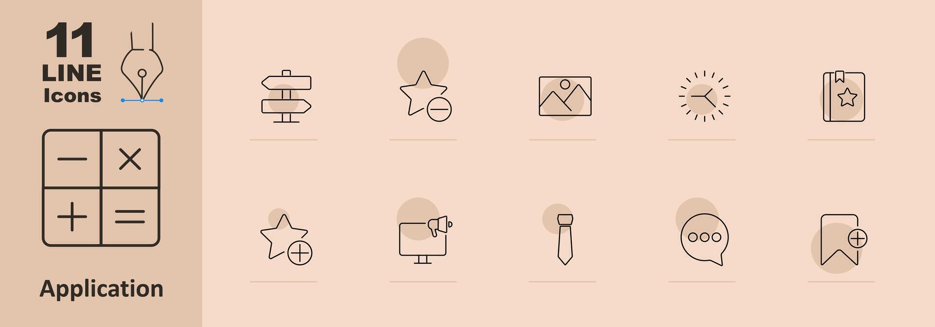 Application set icon. Calculator, plus, minus, multiply, divide, directions, star, gallery, sun, book, tie, megaphone, message, bookmark, interface, tools, mobile app. line icon vector