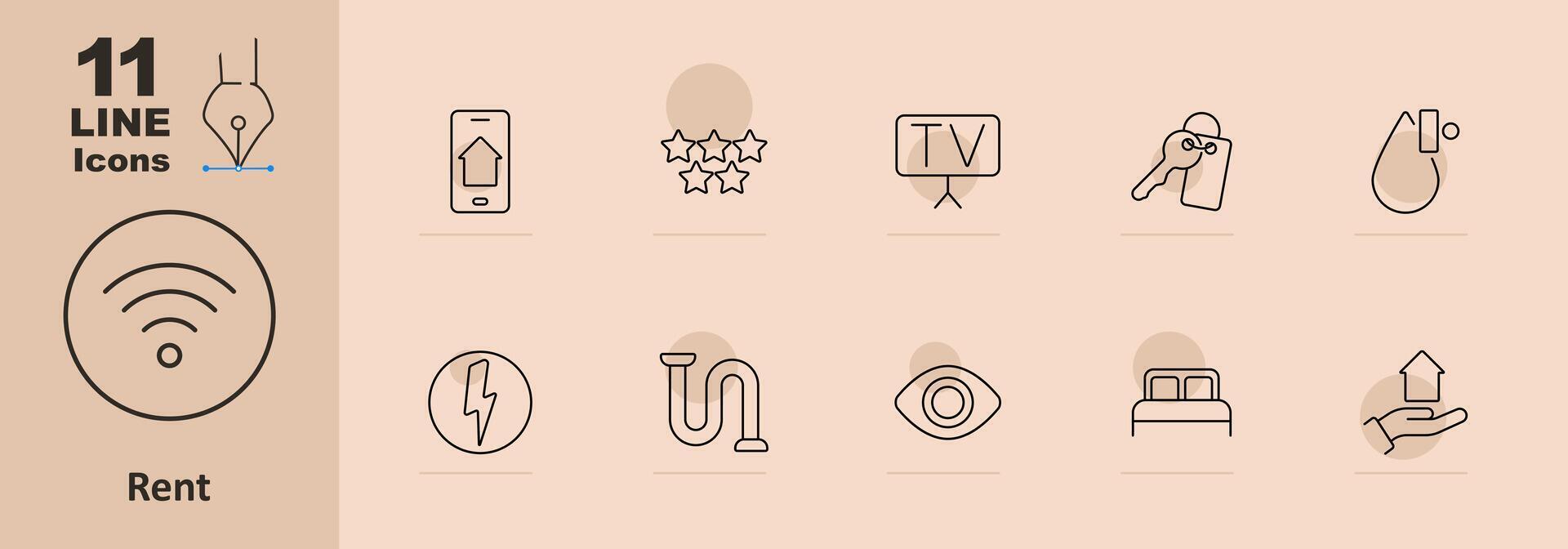 Rent set icon. Smartphone, rating, TV, key, door hanger, energy, plumbing, bed, hand with house, electricity, water, accommodation, amenities, property, housing, rental, services vector