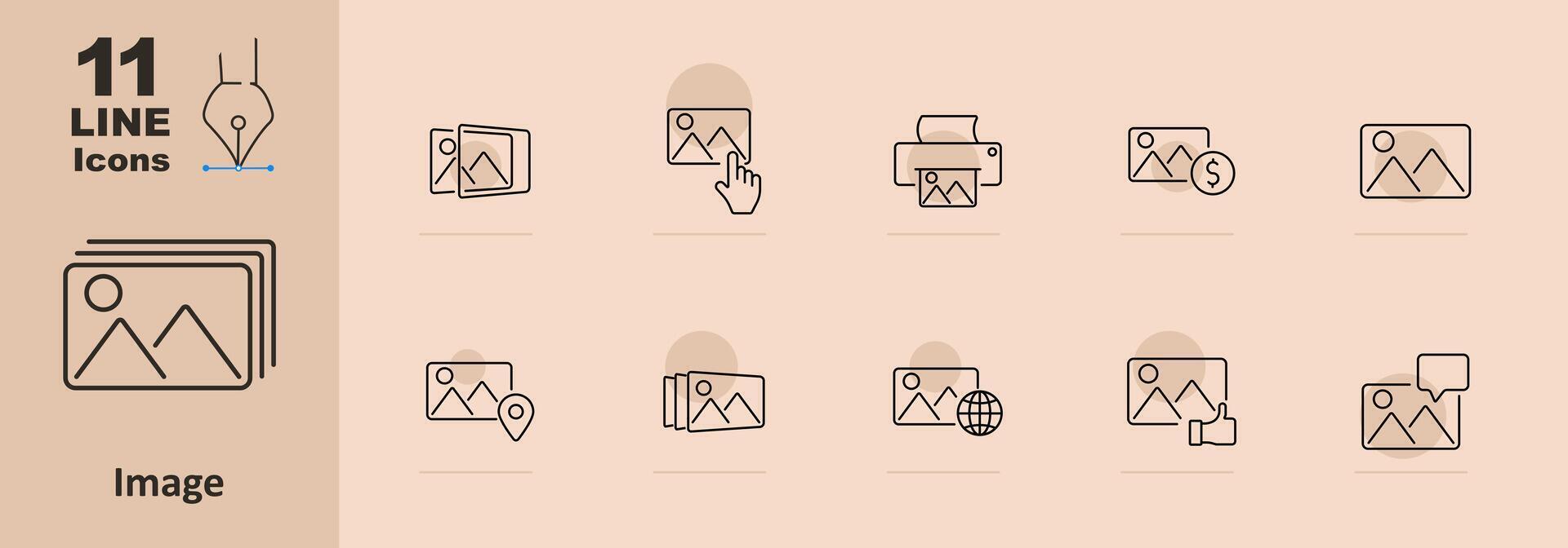 Image set icon. Photo, selection, print, cost, location, gallery, thumbnail, globe, speech bubble, like, communication, media, photography, internet, sharing, interface, digital vector