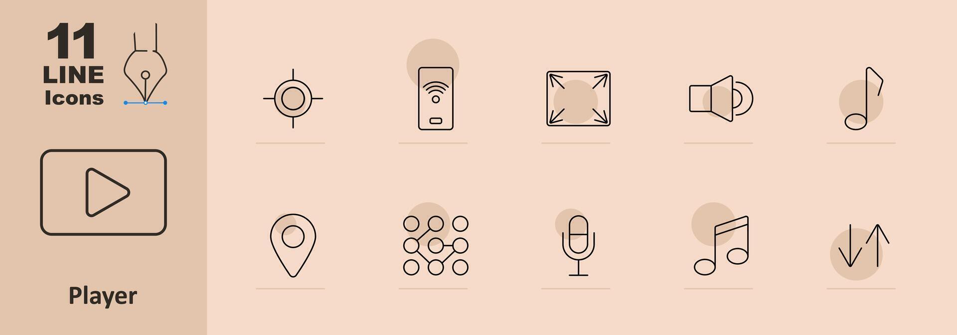 Player set icon. Target, remote, fullscreen, volume, music note, microphone, playlist, play button, audio, , controls, multimedia, navigation, media player, interface, playback vector