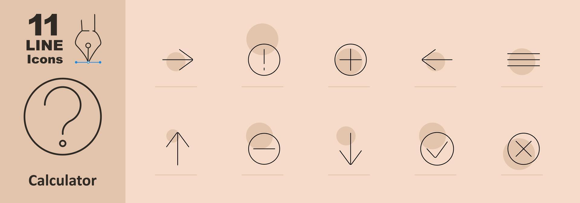 Calculator set icon. Question mark, arrow, exclamation mark, plus, minus, equal, check mark, cross, upward arrow, downward arrow. Mathematical and calculation concept vector