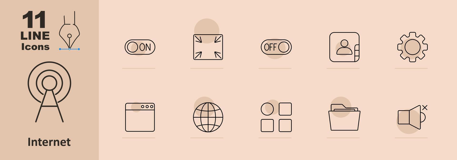 Internet set icon. On switch, fullscreen, off switch, user, settings, browser, globe, grid, folder, mute, connectivity, online, technology, communication, network, web, interface vector