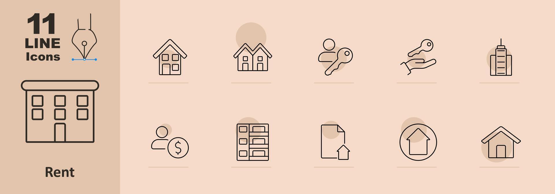 Rent set icon. Apartment, house, person with key, hand with key, skyscraper, money, shelf, contract, property, real estate, rental, leasing, home, tenant, landlord, housing, investment. vector
