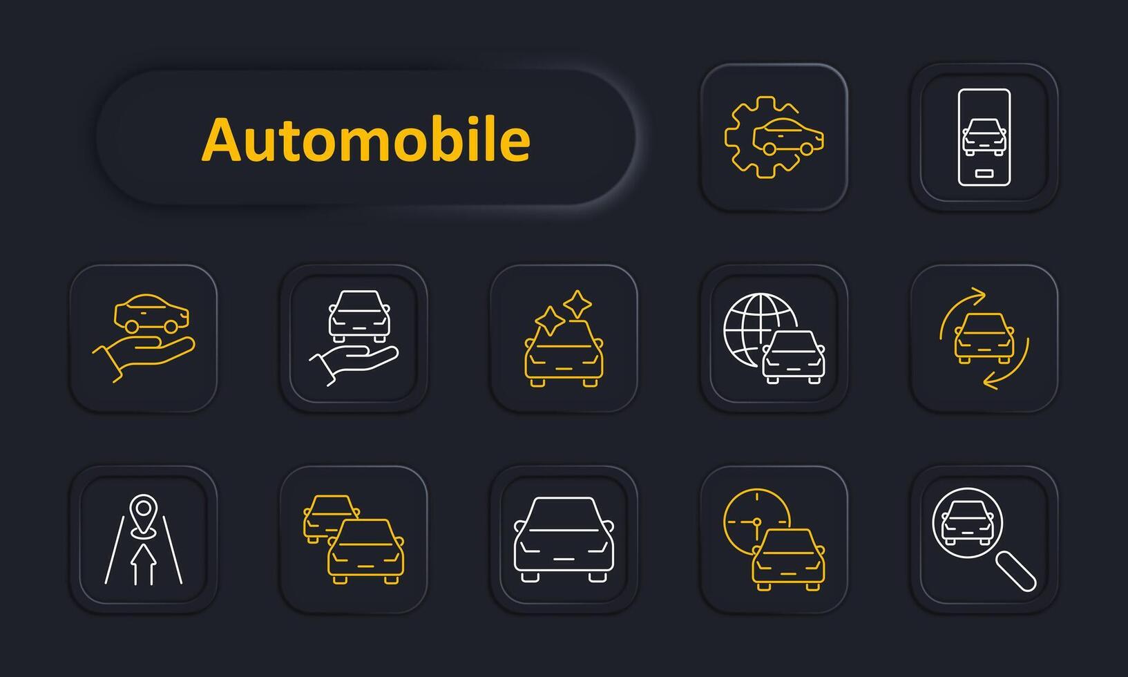 Automobile set icon. Car, hand, maintenance, online, globe, exchange, location, traffic, speed, search. Automotive services and transport concept. line icon on dark background. vector