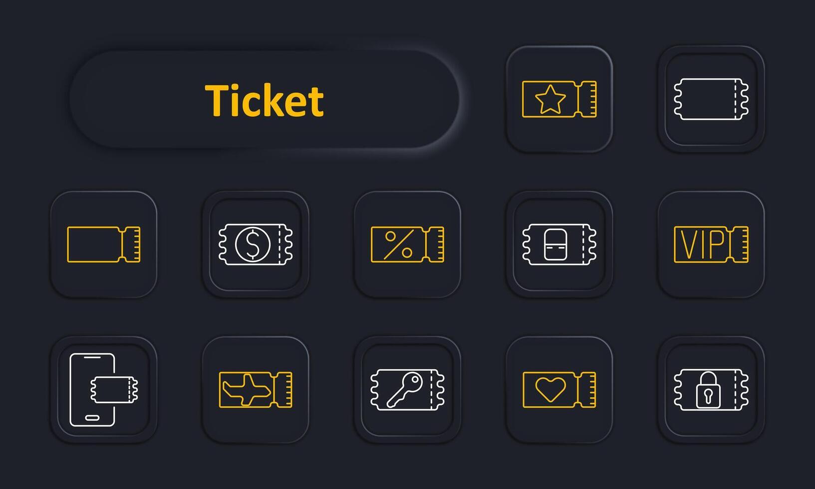 Ticket set icon. Ticket stub, currency, discount, percentage, VIP, mobile ticket, plane, key, heart, lock. Event and travel access concept. vector