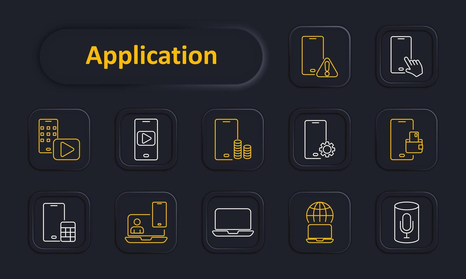 Application set icon. Phone, alert, play, settings, wallet, calculator, communication, user interface, online service. Mobile app features concept. vector