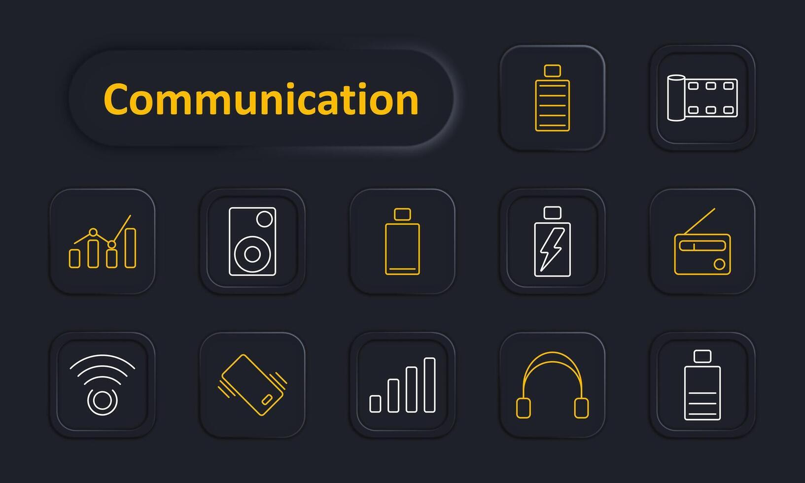 Communication set icon. Battery, film, bar chart, speaker, signal, radio, Wi-Fi, smartphone, headphones. Connectivity and media devices concept. vector