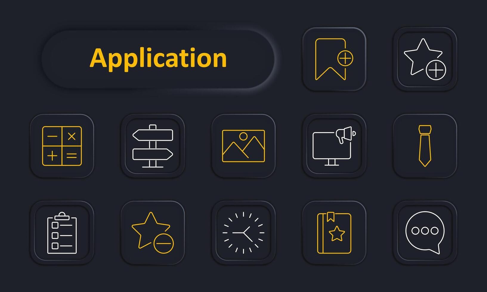 Application set icon. Calculator, bookmark, star, signpost, gallery, monitor, tie, checklist, rating, clock, chat, communication. Productivity, business tools, navigation, multimedia, task management vector