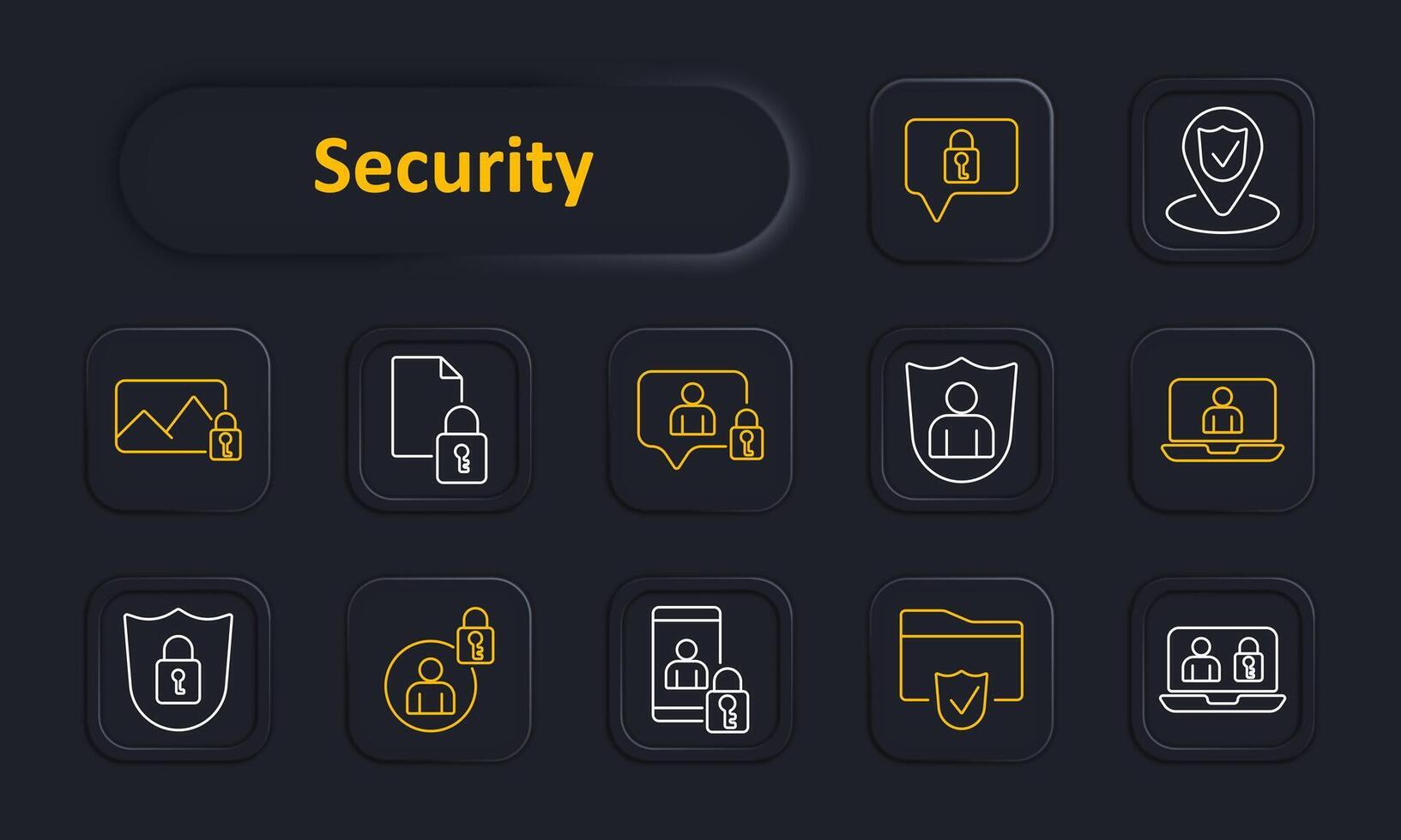 Security set icon. Lock, file, user, shield, location, laptop, folder, padlock. Data protection and privacy concept. line icon on dark background. vector