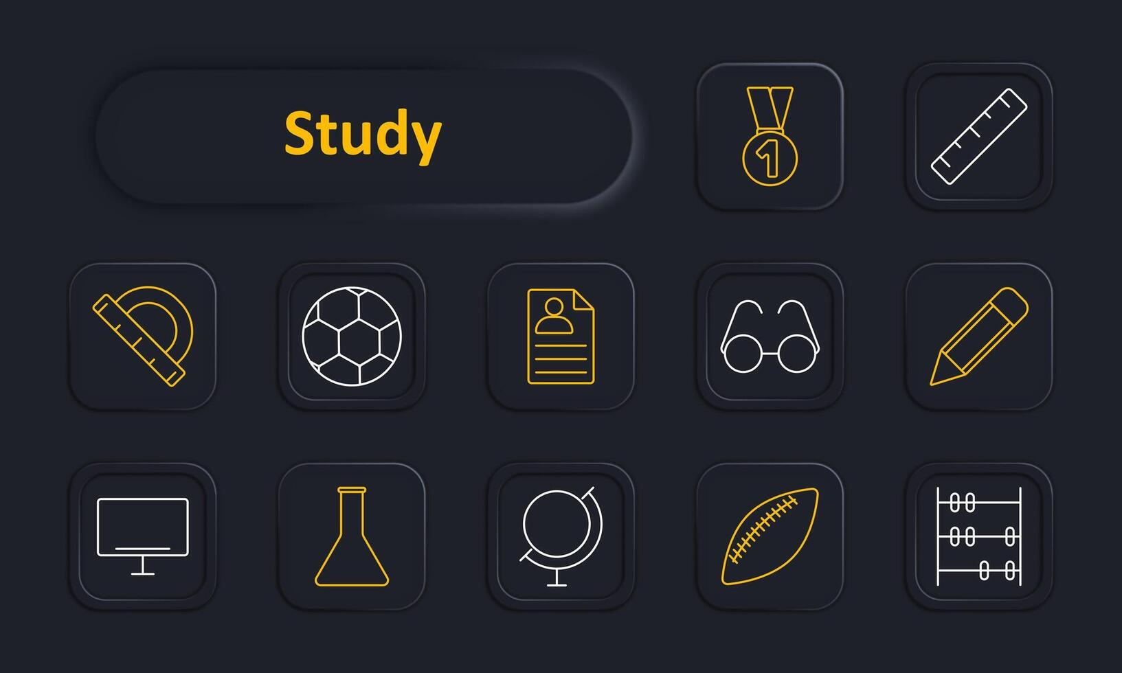 Study set icon. Protractor, soccer ball, report card, glasses, pencil, monitor, flask, globe, football, abacus, medal, ruler. Education, sports, science, geography, mathematics concept. vector