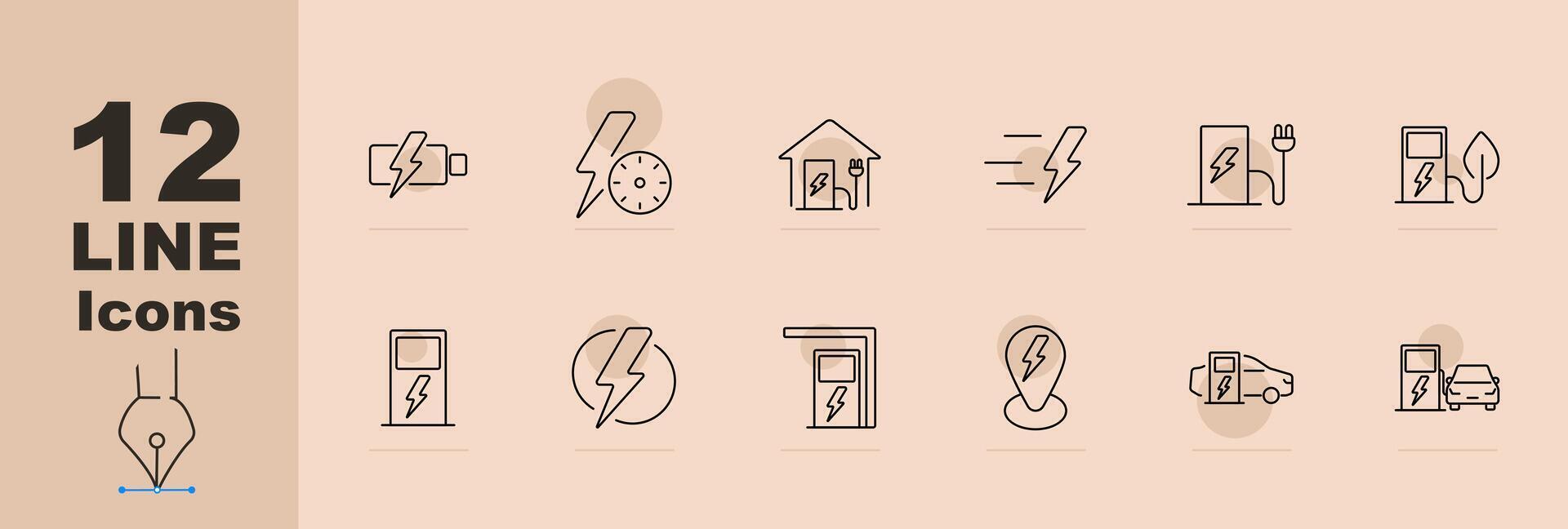 Electric and energy set icon. Battery, lightning bolt, speedometer, house with plug, charging station, electric vehicle, energy meter. line icon on beige background. vector