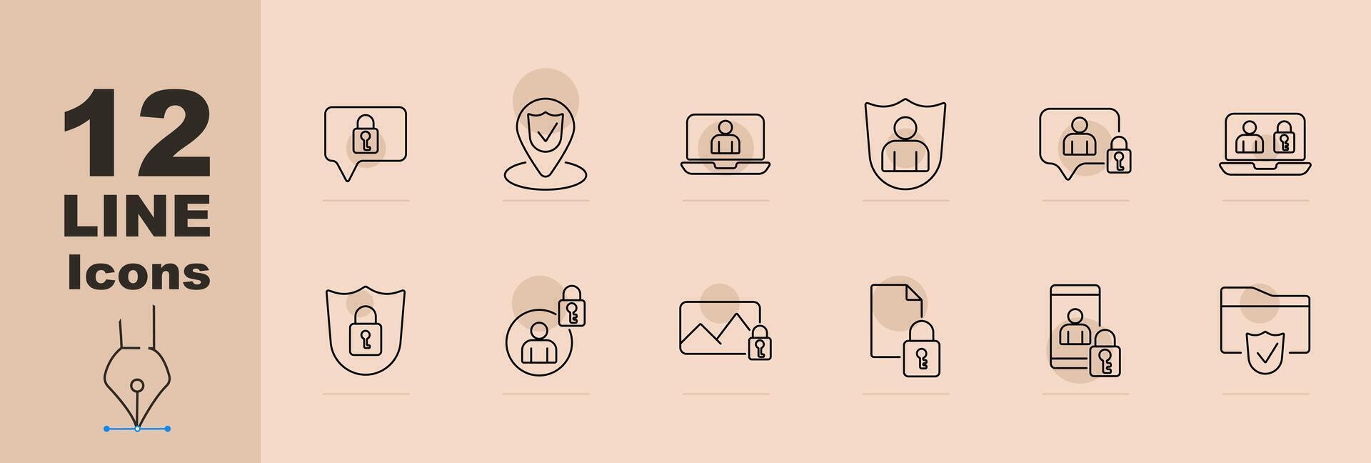 Security and privacy set icon. Shield, lock, user, laptop, mobile phone, document, location pin, secure message. line icon on beige background vector
