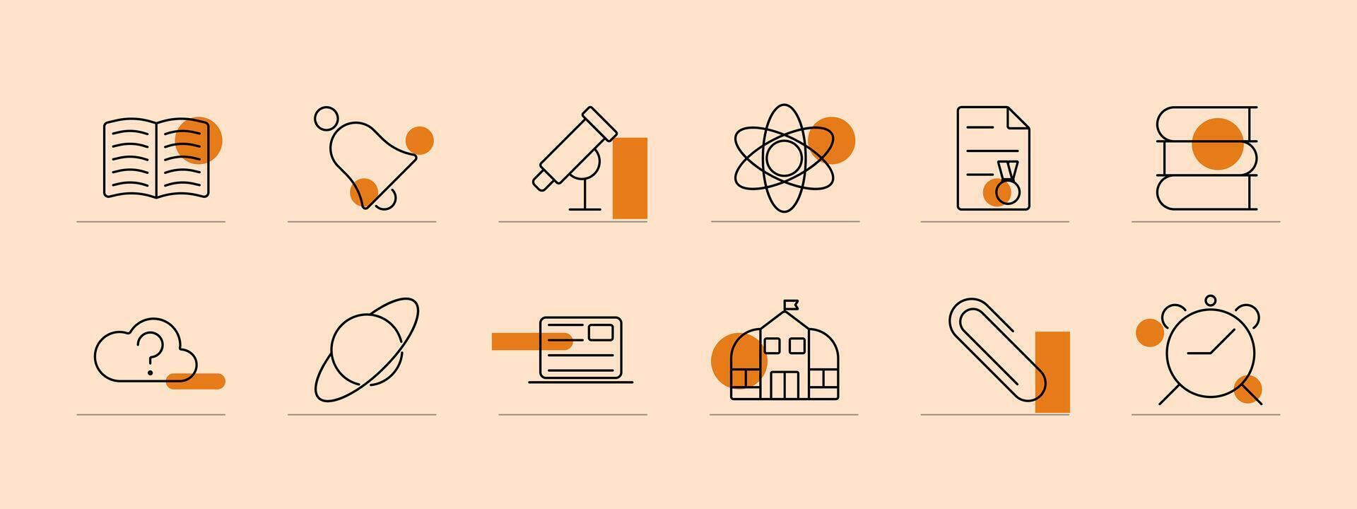 Studies set icon. Open book, online learning, school building, telescope, atom, certificate, bell, cloud question, planet, paperclip, clock, stack of books. Education, science, learning, academic vector