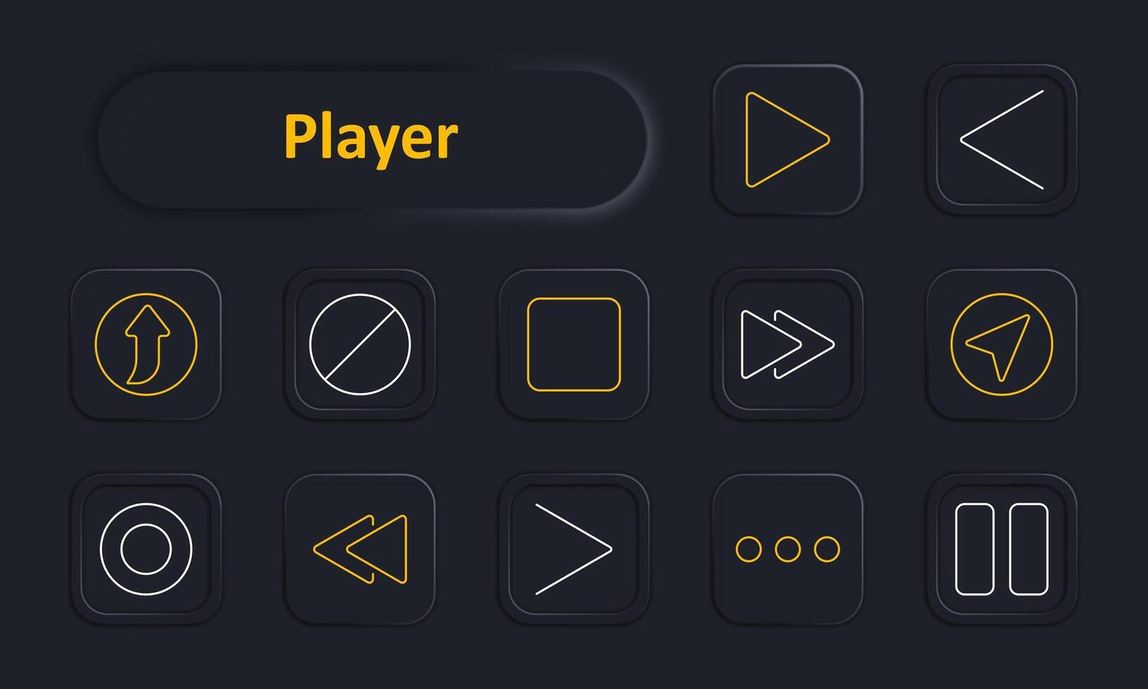 Player set icon. Play, pause, stop, fast forward, rewind, next, previous, arrow, record, menu, direction, navigation. Media controls, user interface, multimedia concept. vector