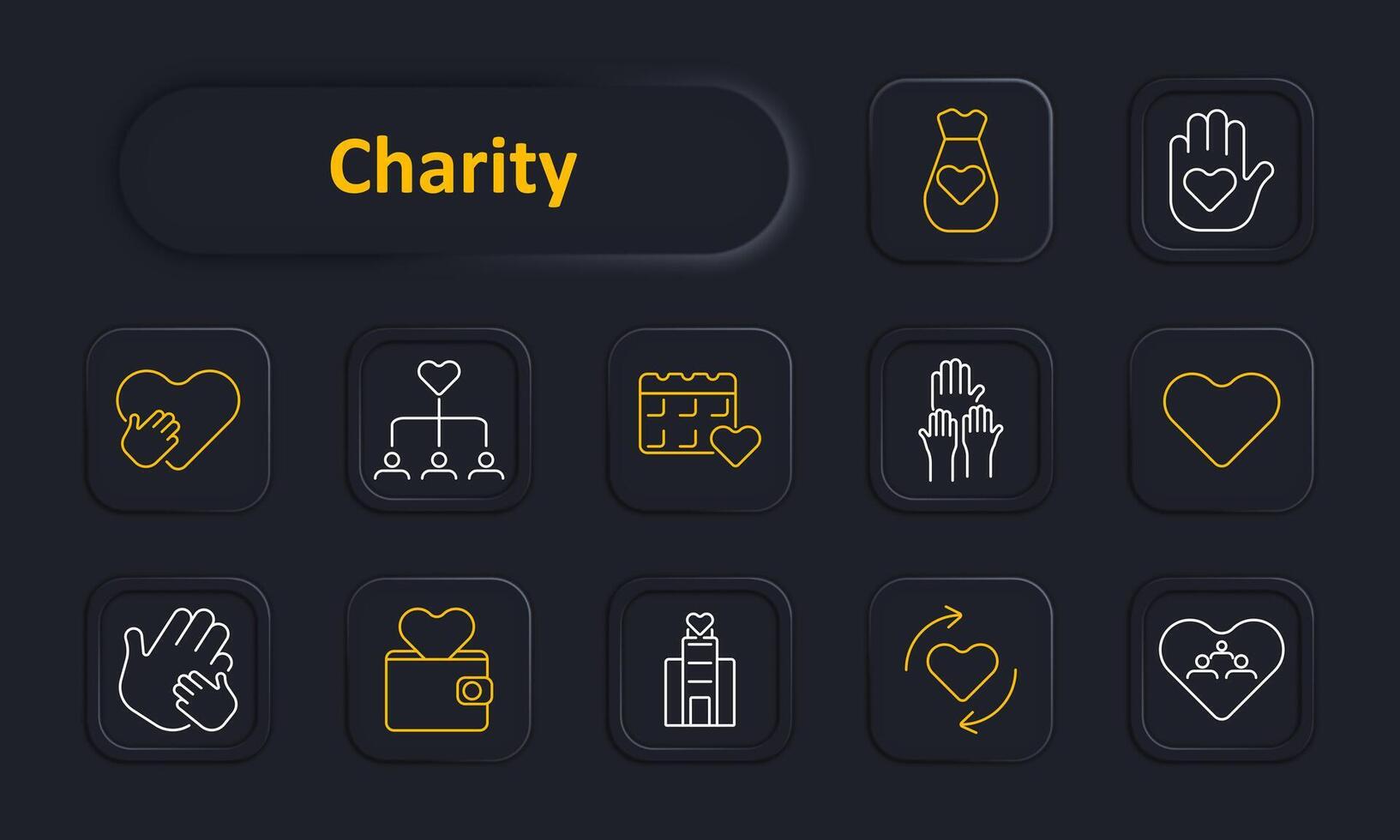 Charity set icon. Heart, hierarchy, heart calendar, raised hands, heart, wallet, institution, heart arrows, group. Donations, support, nonprofit, community help concept. vector