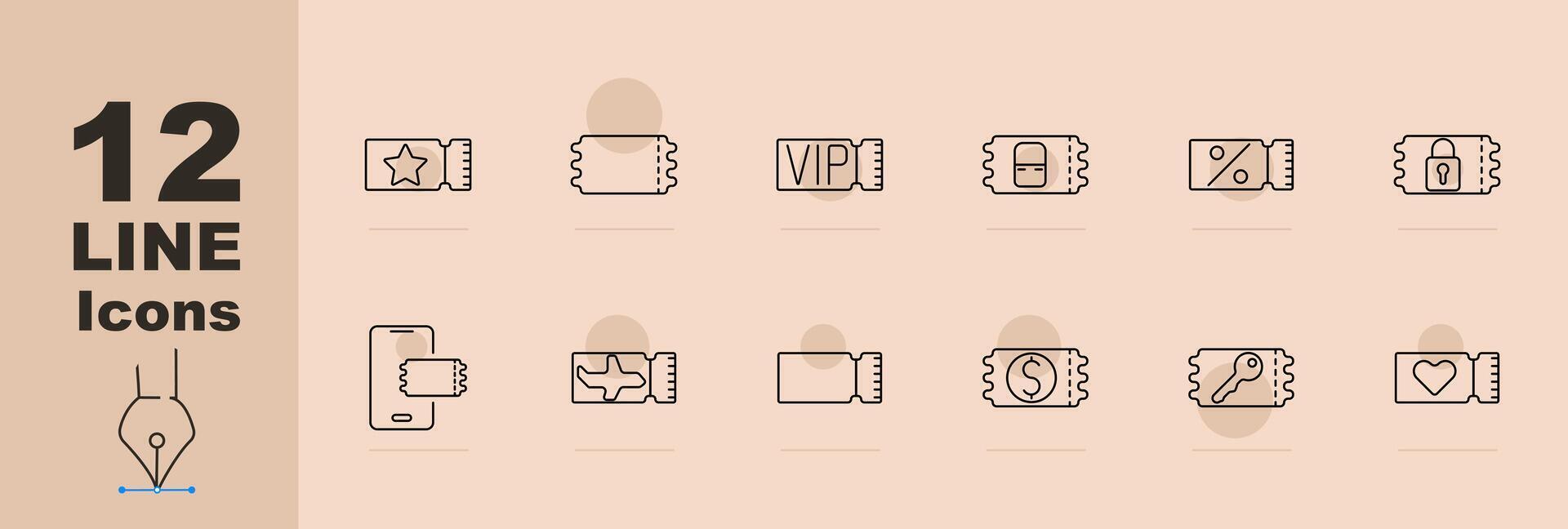 Ticket set icon. Ticket stub, currency, discount, percentage, VIP, mobile ticket, plane, key, heart, lock. Event and travel access concept. vector