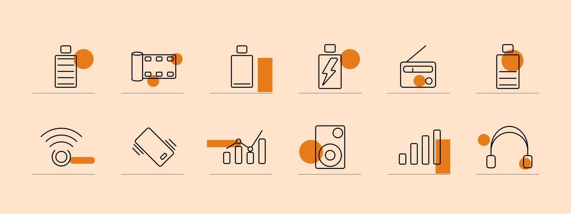 Home and real estate line icons set. Bar graph, speaker, power bank, headset, radio, WiFi, mobile phone, signal strength, bottle. Household, property, living concept vector