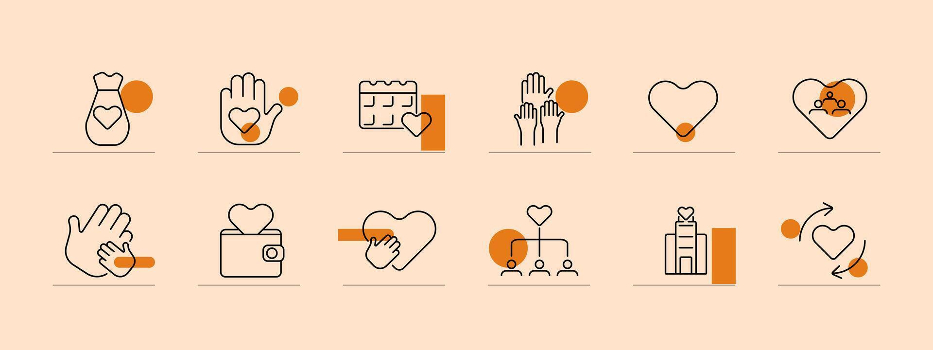 Charity set icon. Heart, hierarchy, heart calendar, raised hands, heart, wallet, institution, heart arrows, group. Donations, support, nonprofit, community help concept. vector