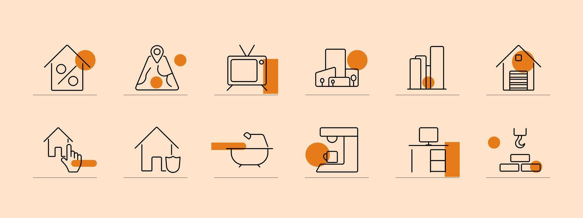 Rent set icon. House with percentage, bathtub, coffee machine, TV, building, map, house with hand, house with shield, office desk, crane, warehouse. Property rental, leasing, housing market, amenities vector